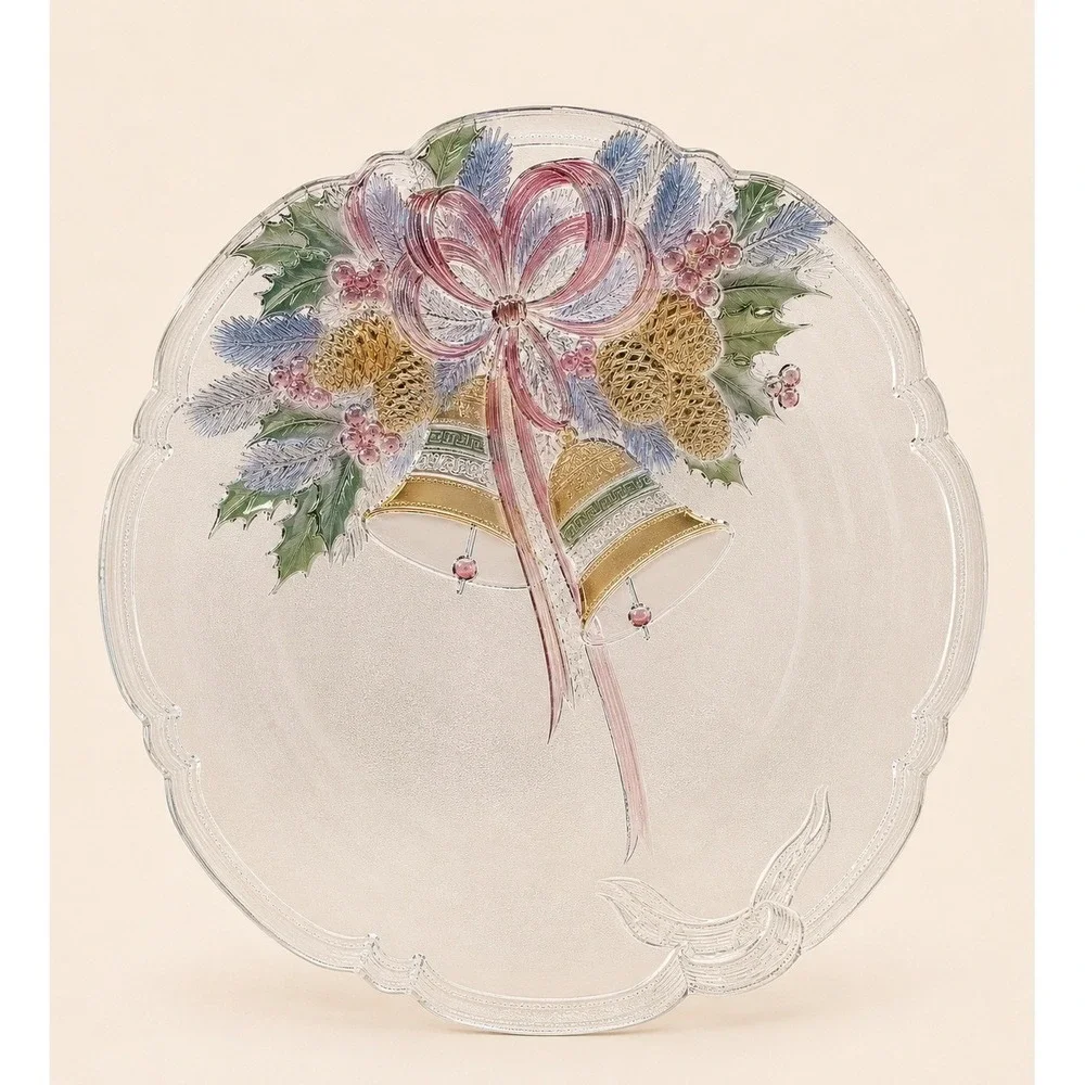 Mikasa Festive Bells Christmas Frosted Glass Serving Platter VTG 14.75 Inch
